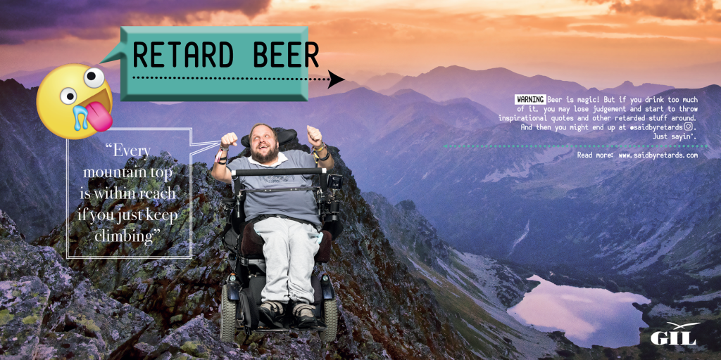 Etiketten till Retard Beer. Man i rullstol fotomonterad på ett berg.