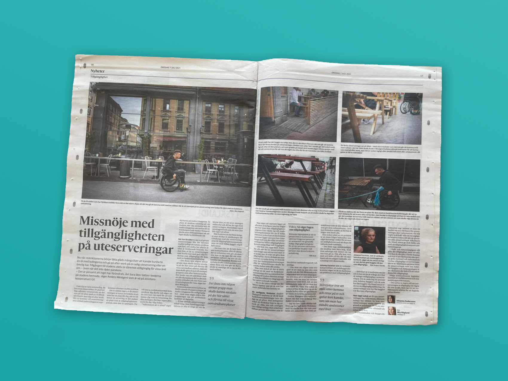 Foto av ett uppslag i Göteborgs-Posten, reportage om otillgänglighet på andra långgatan