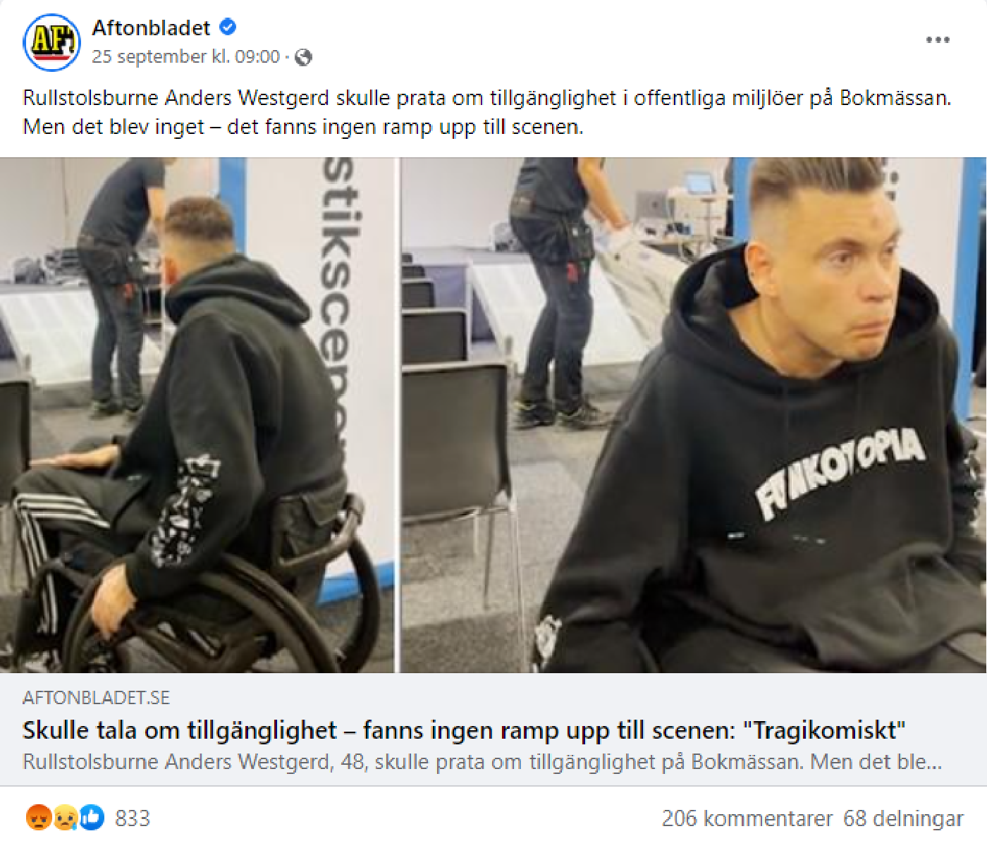 Skärmdump från Aftonbladet på Facebook, nyheten om Anders och rampen visas, 833 gilla och 206 kommentarer och 68 visningar syns