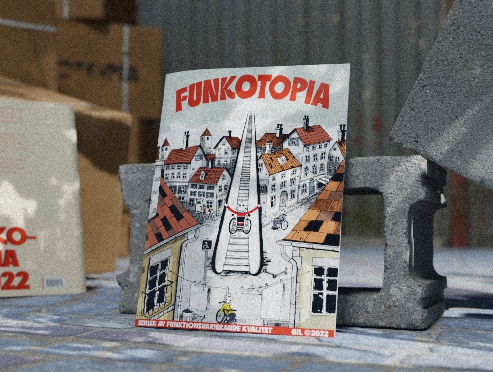 Boken Funkotopia står lutad mot betongblock.